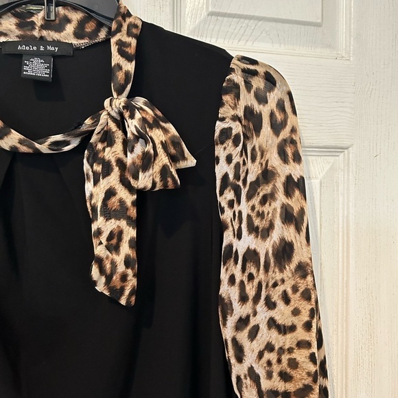 NWOT Adele & May Black Top with Leopard Chiffon long Sleeves and Tie. - Picture 5 of 5